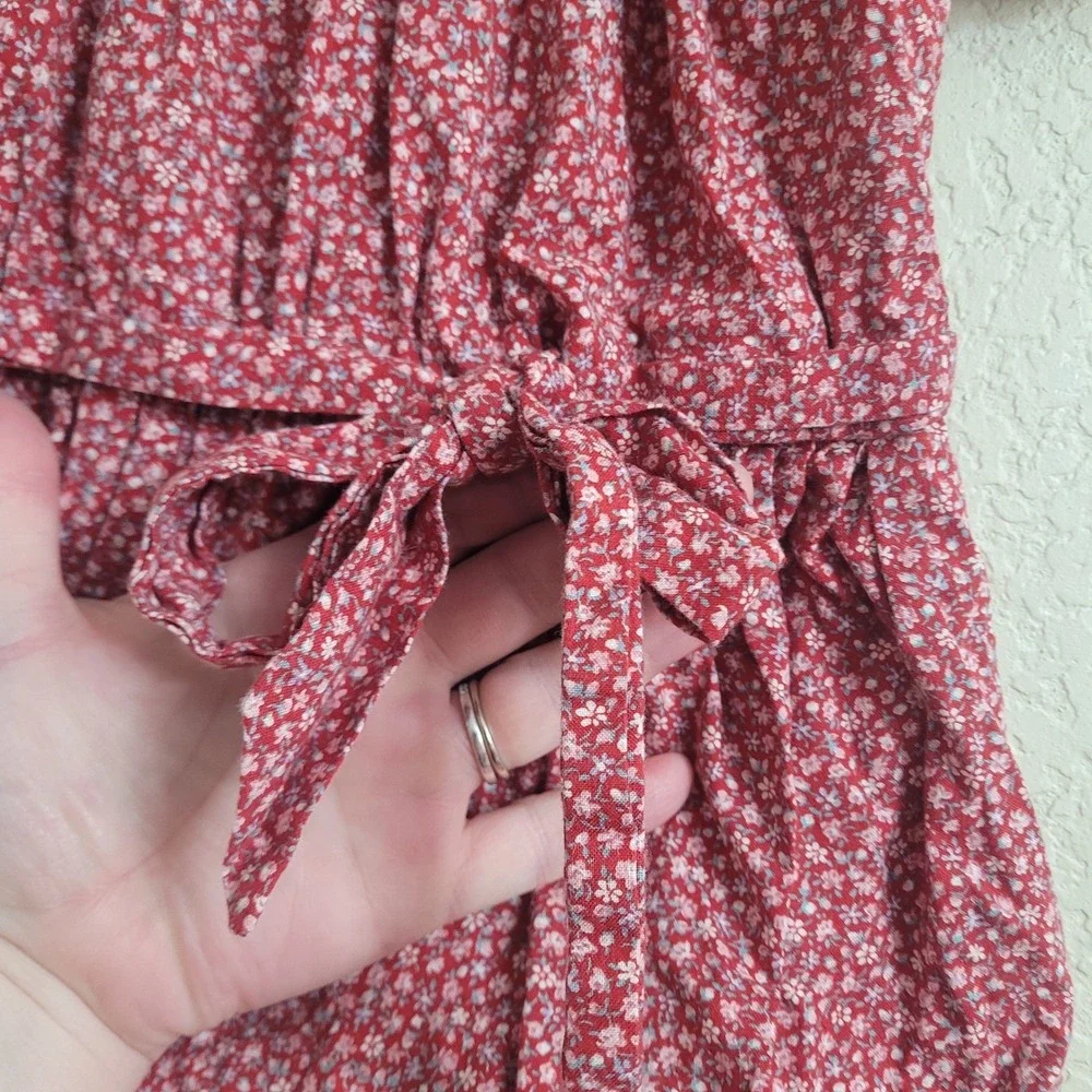 Vintage Sarah Kent 4T Red Floral Puff Sleeve Dress Lace Collared Bow Cottagecore